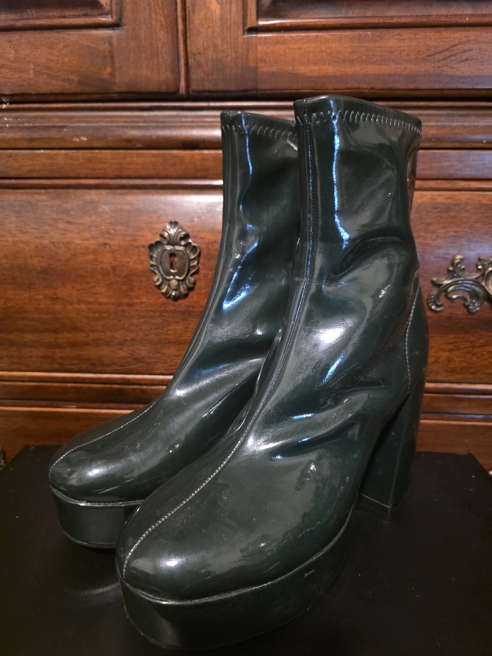 Dark Green Patent Platform Ankle Boots - Women's